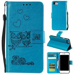 Embossing Owl Couple Flower Leather Wallet Case for iPhone SE 2020 - Blue