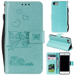 Embossing Owl Couple Flower Leather Wallet Case for iPhone SE 2020 - Green