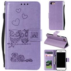 Embossing Owl Couple Flower Leather Wallet Case for iPhone SE 2020 - Purple