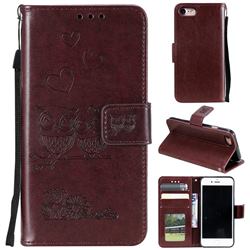 Embossing Owl Couple Flower Leather Wallet Case for iPhone SE 2020 - Brown
