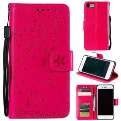 Embossing Cherry Blossom Cat Leather Wallet Case for iPhone SE 2020 - Rose