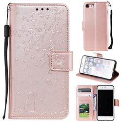 Embossing Cherry Blossom Cat Leather Wallet Case for iPhone SE 2020 - Rose Gold