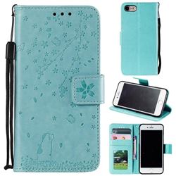 Embossing Cherry Blossom Cat Leather Wallet Case for iPhone SE 2020 - Green