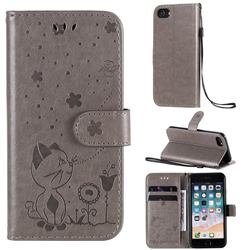 Embossing Bee and Cat Leather Wallet Case for iPhone SE 2020 - Gray