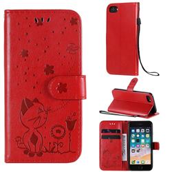 Embossing Bee and Cat Leather Wallet Case for iPhone SE 2020 - Red