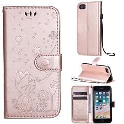 Embossing Bee and Cat Leather Wallet Case for iPhone SE 2020 - Rose Gold