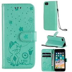 Embossing Bee and Cat Leather Wallet Case for iPhone SE 2020 - Green