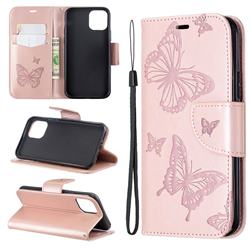 Embossing Double Butterfly Leather Wallet Case for iPhone 11 Pro (5.8 inch) - Rose Gold