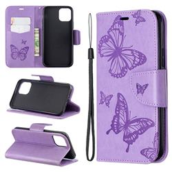 Embossing Double Butterfly Leather Wallet Case for iPhone 11 Pro (5.8 inch) - Purple