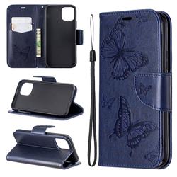 Embossing Double Butterfly Leather Wallet Case for iPhone 11 Pro (5.8 inch) - Dark Blue