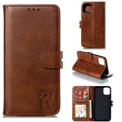Embossing Happy Cat Leather Wallet Case for iPhone 11 Pro (5.8 inch) - Brown
