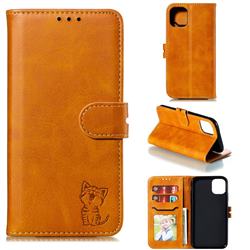 Embossing Happy Cat Leather Wallet Case for iPhone 11 Pro (5.8 inch) - Yellow