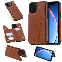 Luxury Tree and Cat Multifunction Magnetic Card Slots Stand Leather Phone Back Cover for iPhone 11 Pro (5.8 inch) - Brown