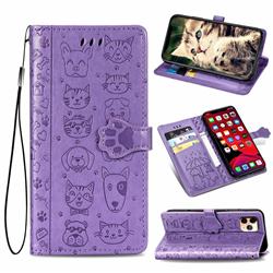 Embossing Dog Paw Kitten and Puppy Leather Wallet Case for iPhone 11 Pro (5.8 inch) - Purple