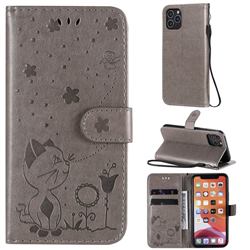 Embossing Bee and Cat Leather Wallet Case for iPhone 11 Pro (5.8 inch) - Gray