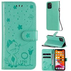 Embossing Bee and Cat Leather Wallet Case for iPhone 11 Pro (5.8 inch) - Green