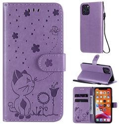Embossing Bee and Cat Leather Wallet Case for iPhone 11 Pro (5.8 inch) - Purple