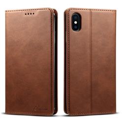 Suteni Simple Style Calf Stripe Leather Wallet Phone Case for iPhone XS Max (6.5 inch) - Brown