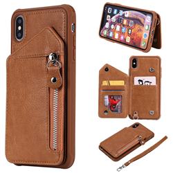 Classic Luxury Buckle Zipper Anti-fall Leather Phone Back Cover for iPhone XS Max (6.5 inch) - Brown