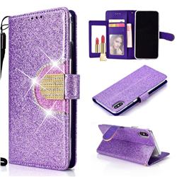 Glitter Diamond Buckle Splice Mirror Leather Wallet Phone Case for iPhone XS Max (6.5 inch) - Purple