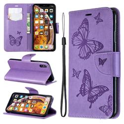 Embossing Double Butterfly Leather Wallet Case for iPhone XS Max (6.5 inch) - Purple