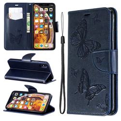 Embossing Double Butterfly Leather Wallet Case for iPhone XS Max (6.5 inch) - Dark Blue