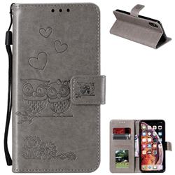 Embossing Owl Couple Flower Leather Wallet Case for iPhone XS Max (6.5 inch) - Gray