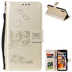 Embossing Owl Couple Flower Leather Wallet Case for iPhone XS Max (6.5 inch) - Golden