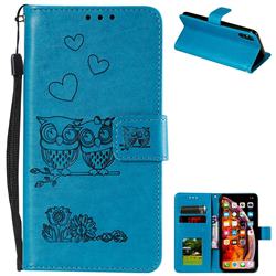 Embossing Owl Couple Flower Leather Wallet Case for iPhone XS Max (6.5 inch) - Blue