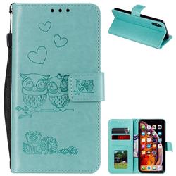 Embossing Owl Couple Flower Leather Wallet Case for iPhone XS Max (6.5 inch) - Green