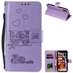 Embossing Owl Couple Flower Leather Wallet Case for iPhone XS Max (6.5 inch) - Purple