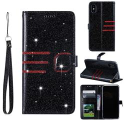 Retro Stitching Glitter Leather Wallet Phone Case for iPhone XS Max (6.5 inch) - Black