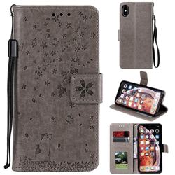 Embossing Cherry Blossom Cat Leather Wallet Case for iPhone XS Max (6.5 inch) - Gray