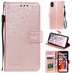 Embossing Cherry Blossom Cat Leather Wallet Case for iPhone XS Max (6.5 inch) - Rose Gold