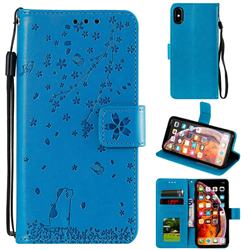 Embossing Cherry Blossom Cat Leather Wallet Case for iPhone XS Max (6.5 inch) - Blue