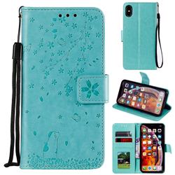 Embossing Cherry Blossom Cat Leather Wallet Case for iPhone XS Max (6.5 inch) - Green