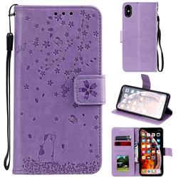 Embossing Cherry Blossom Cat Leather Wallet Case for iPhone XS Max (6.5 inch) - Purple