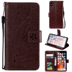 Embossing Cherry Blossom Cat Leather Wallet Case for iPhone XS Max (6.5 inch) - Brown
