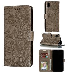 Intricate Embossing Lace Jasmine Flower Leather Wallet Case for iPhone XS Max (6.5 inch) - Gray