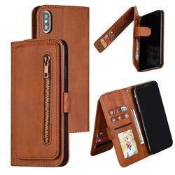 Multifunction 9 Cards Leather Zipper Wallet Phone Case for iPhone XS Max (6.5 inch) - Brown