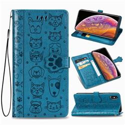 Embossing Dog Paw Kitten and Puppy Leather Wallet Case for iPhone XS Max (6.5 inch) - Blue