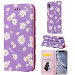 Ultra Slim Daisy Sparkle Glitter Powder Magnetic Leather Wallet Case for iPhone XS Max (6.5 inch) - Purple