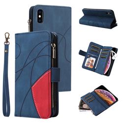 Luxury Two-color Stitching Multi-function Zipper Leather Wallet Case Cover for iPhone XS Max (6.5 inch) - Blue