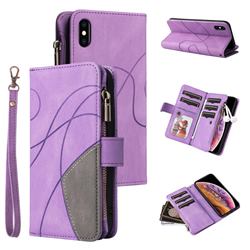 Luxury Two-color Stitching Multi-function Zipper Leather Wallet Case Cover for iPhone XS Max (6.5 inch) - Purple