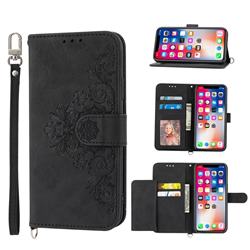 Skin Feel Embossed Lace Flower Multiple Card Slots Leather Wallet Phone Case for iPhone XS Max (6.5 inch) - Black