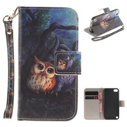 Oil Painting Owl Hand Strap Leather Wallet Case for iPod Touch 5 6