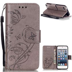 Embossing Butterfly Flower Leather Wallet Case for iPod Touch 5 6 - Grey